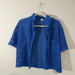 Cotton On Blue Crochet Open Knit Crop Button Up Short Sleeve Shirt